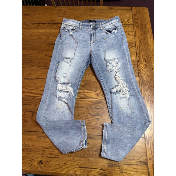 Judy Blue Boyfriend Fit Jeans Womens 13/31 Distressed Paint Splatter Denim J23 - Picture 1 of 11
